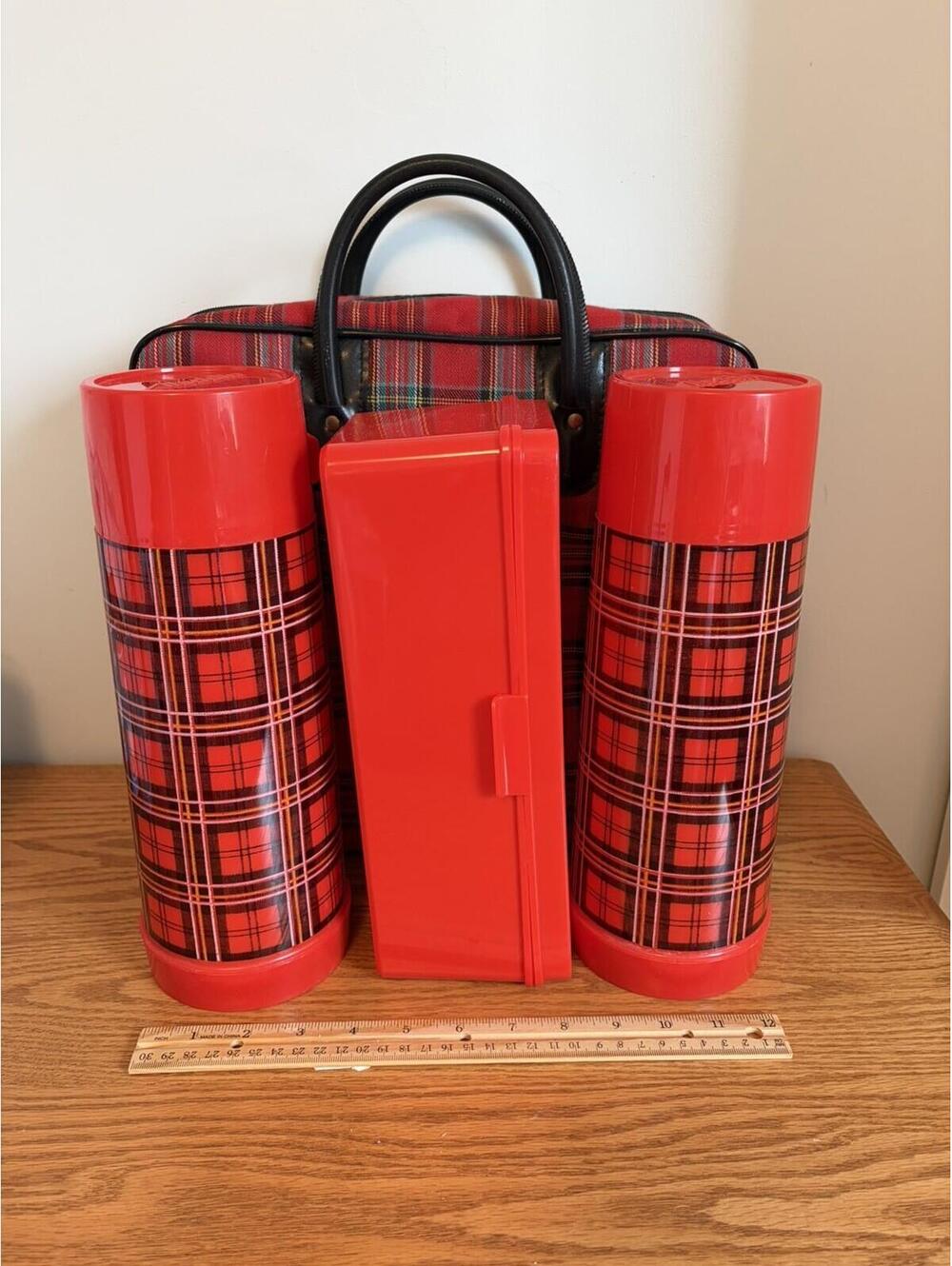 Aladdin Picnic Set Two Tartan Plaid Thermos Sandwich Box Carry Case